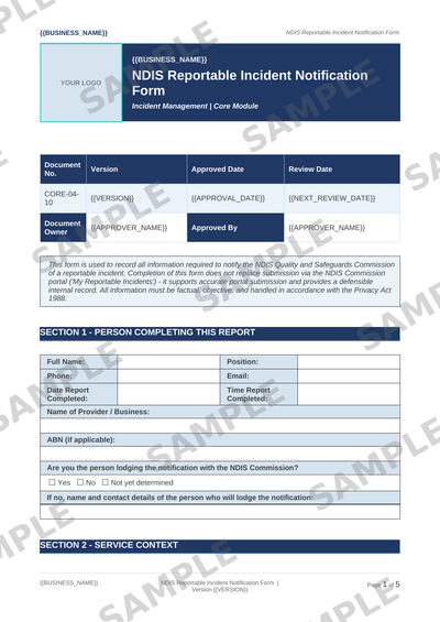 NDIS Reportable Incident Notification Form sample page preview
