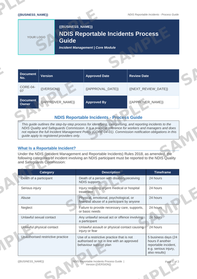 NDIS Reportable Incidents Process Guide sample page preview