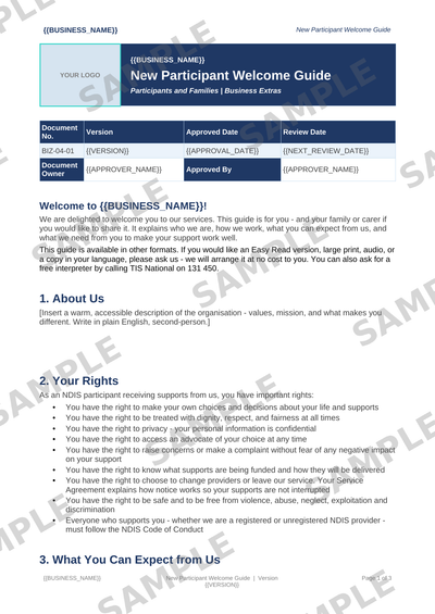 New Participant Welcome Guide sample page preview
