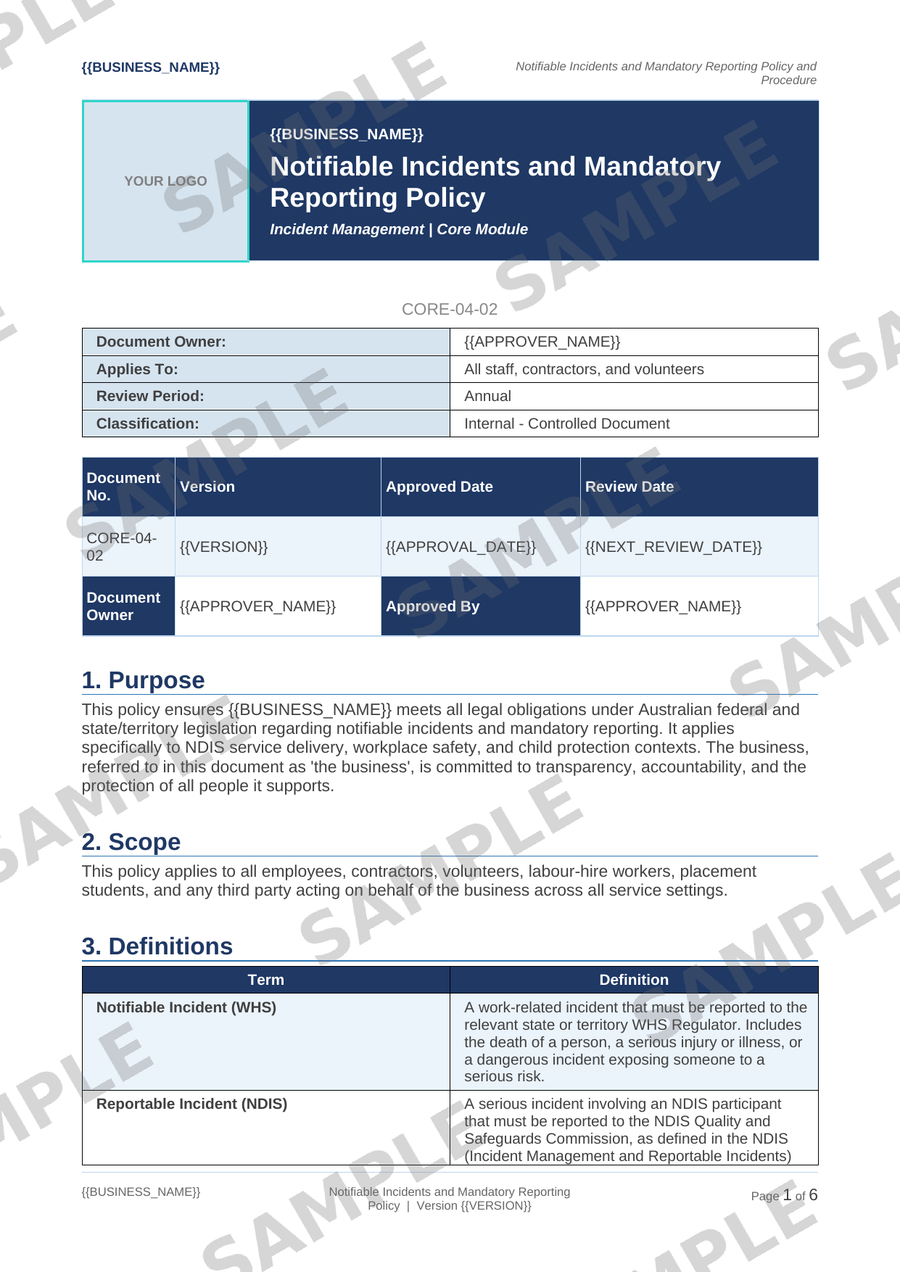 Notifiable Incidents and Mandatory Reporting Policy sample page preview
