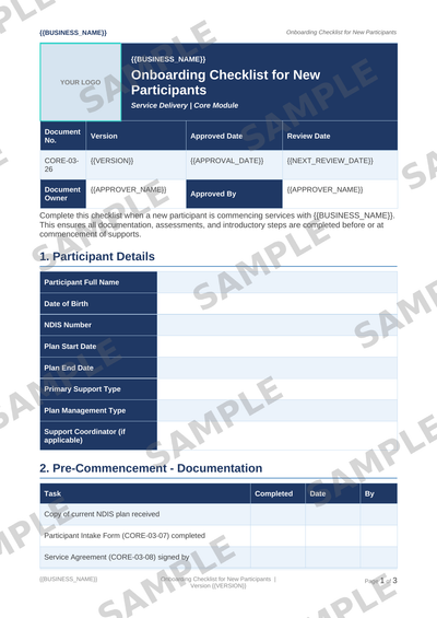 Onboarding Checklist for New Participants sample page preview