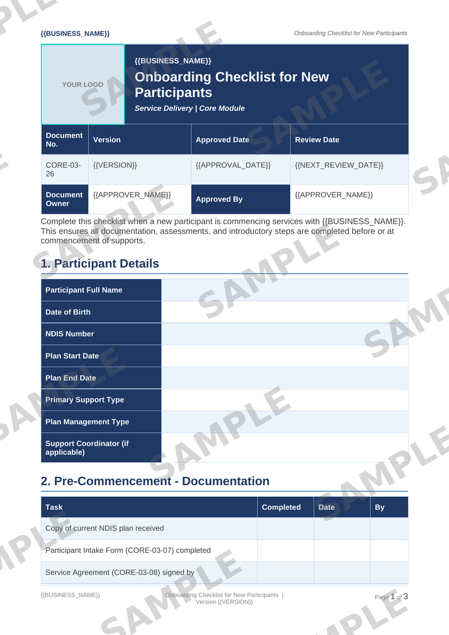 Onboarding Checklist for New Participants sample page preview