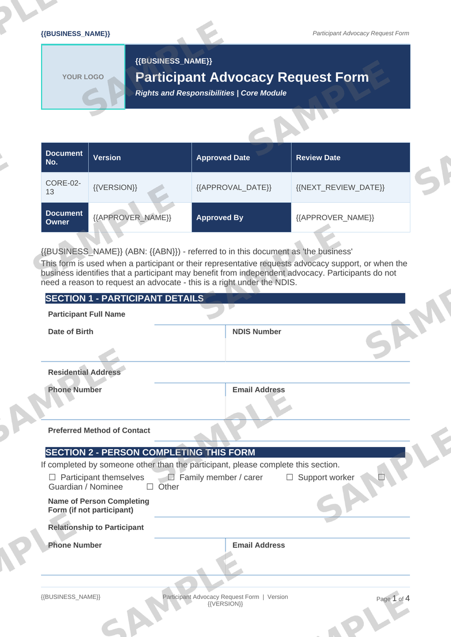 Participant Advocacy Request Form sample page preview