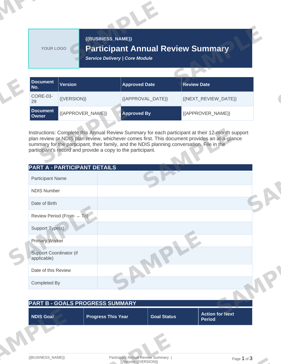 Participant Annual Review Summary sample page preview