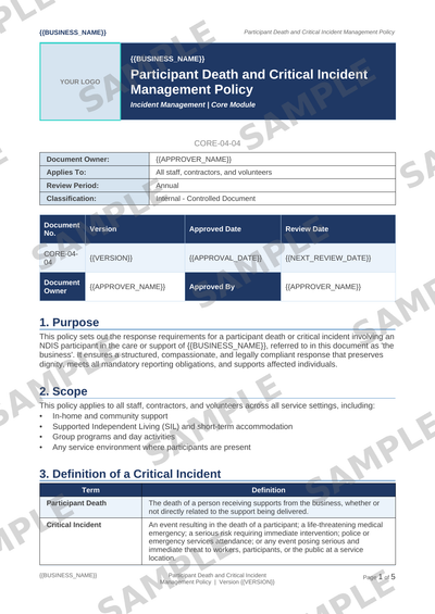 Participant Death and Critical Incident Management Policy sample page preview