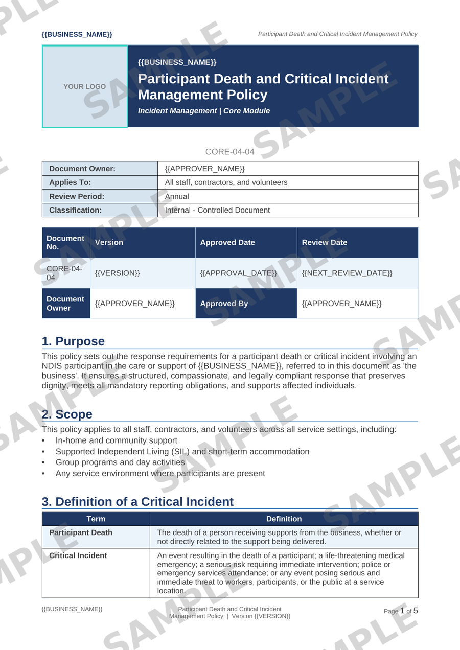 Participant Death and Critical Incident Management Policy sample page preview