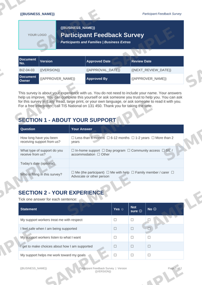 Participant Feedback Survey sample page preview
