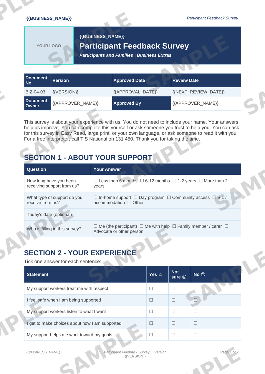 Participant Feedback Survey sample page preview