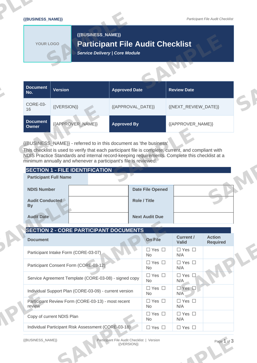 Participant File Audit Checklist sample page preview