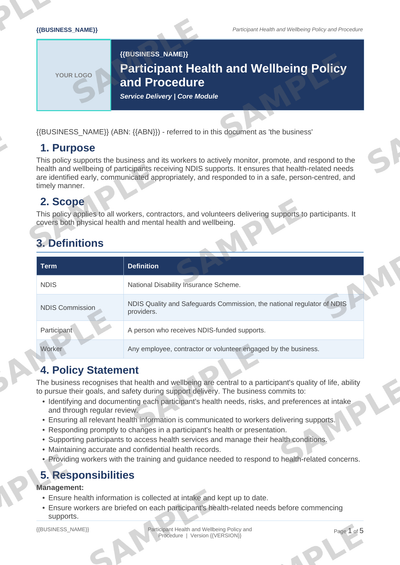 Participant Health and Wellbeing Policy and Procedure sample page preview