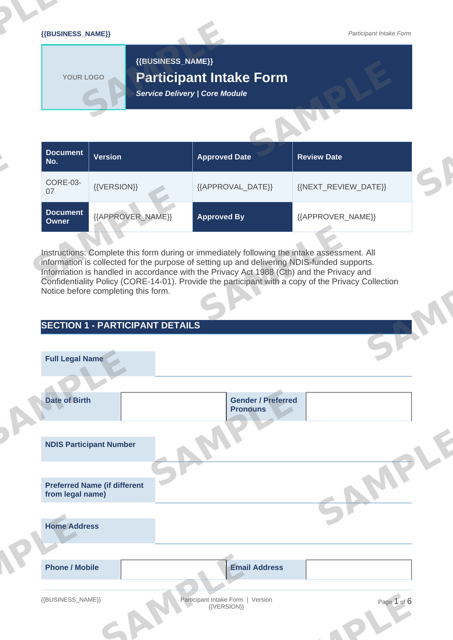 Participant Intake Form sample page preview