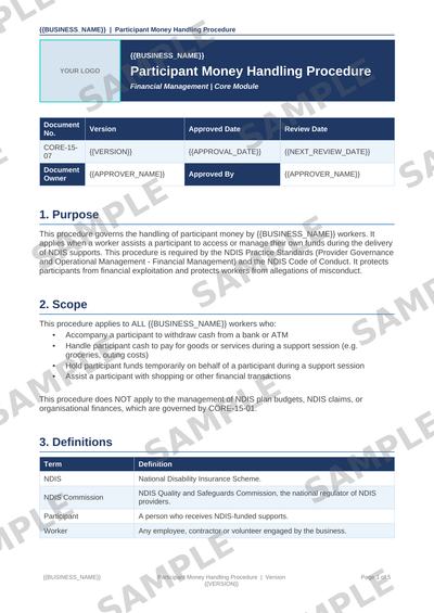 Participant Money Handling Procedure sample page preview