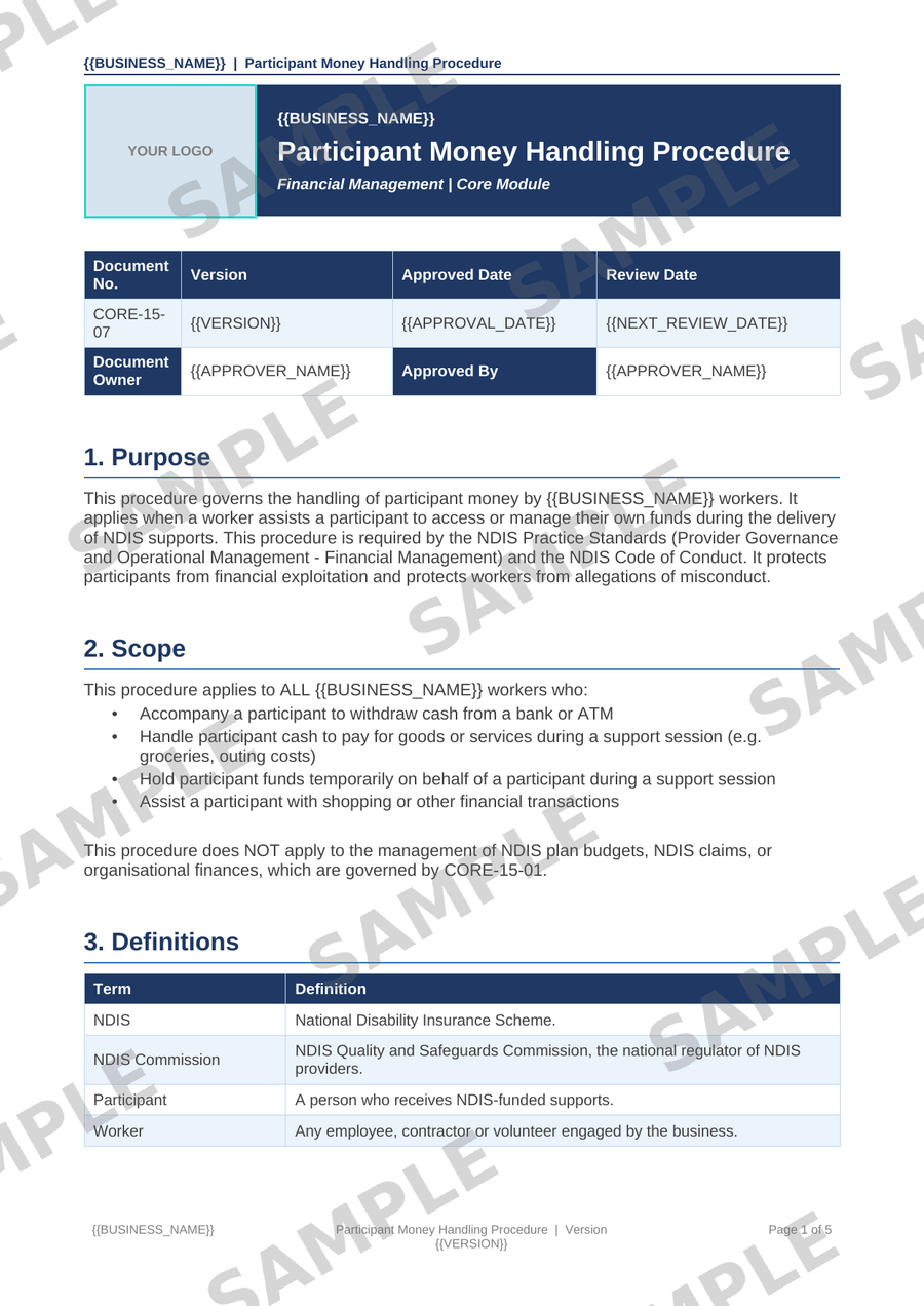 Participant Money Handling Procedure sample page preview