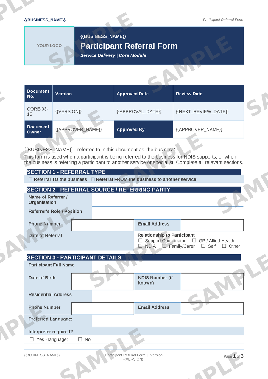 Participant Referral Form sample page preview