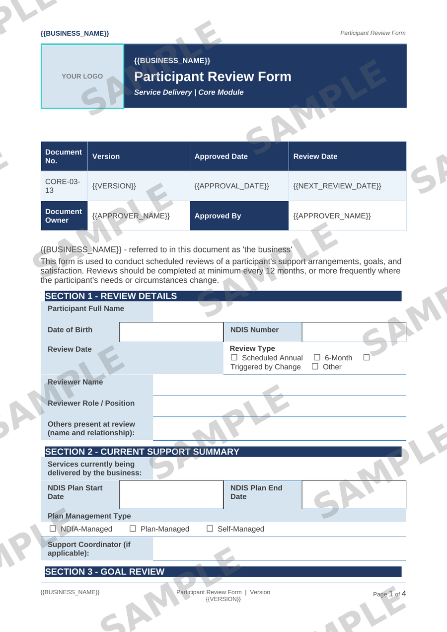 Participant Review Form sample page preview