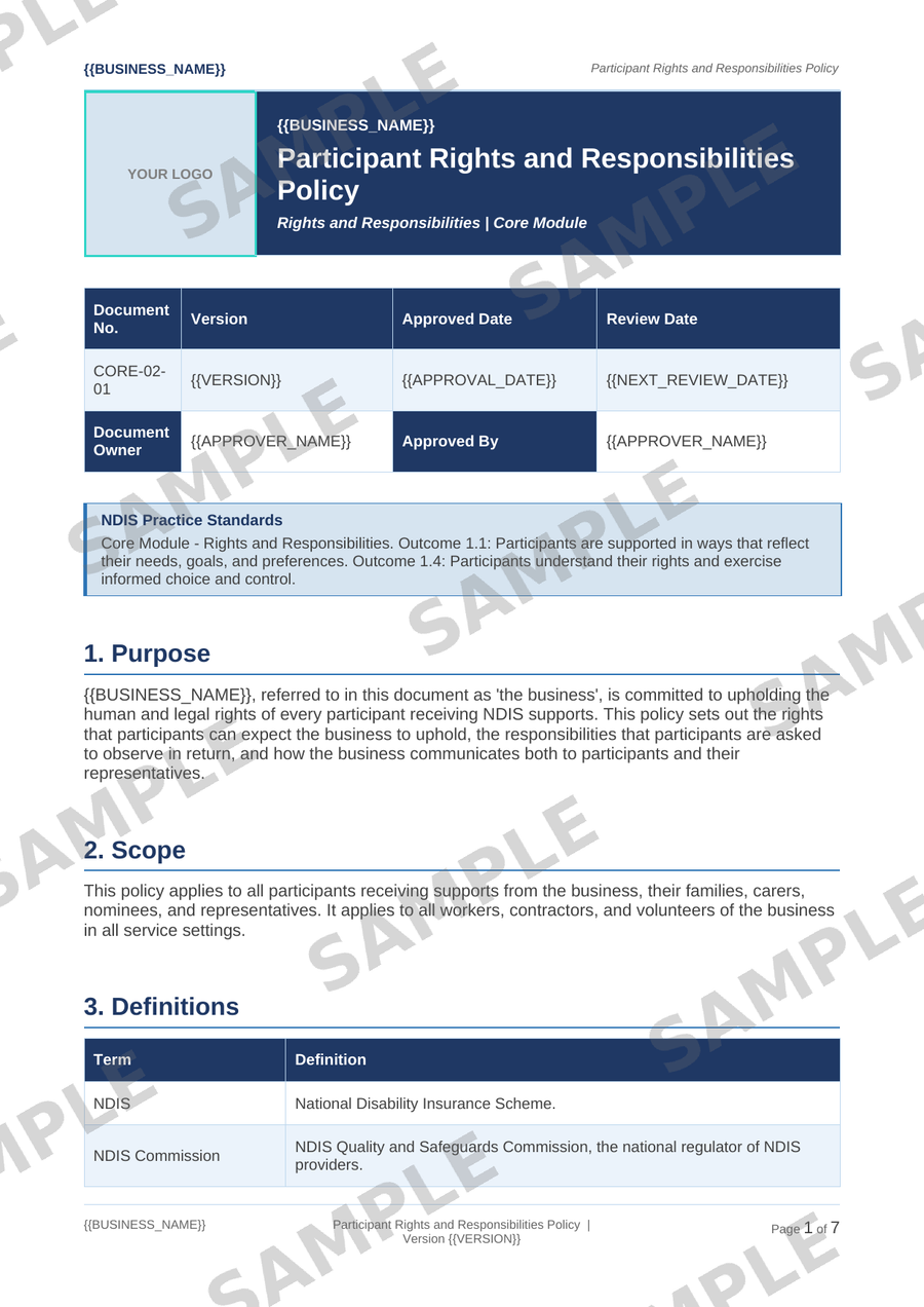 Participant Rights and Responsibilities Policy sample page preview