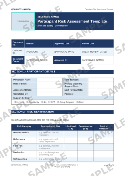 Participant Risk Assessment Template sample page preview