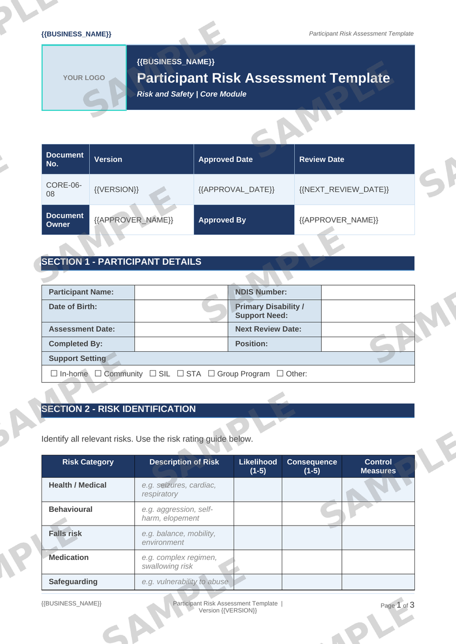 Participant Risk Assessment Template sample page preview
