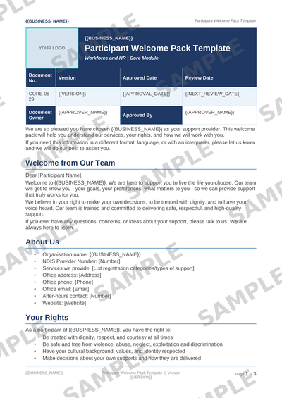 Participant Welcome Pack Template sample page preview
