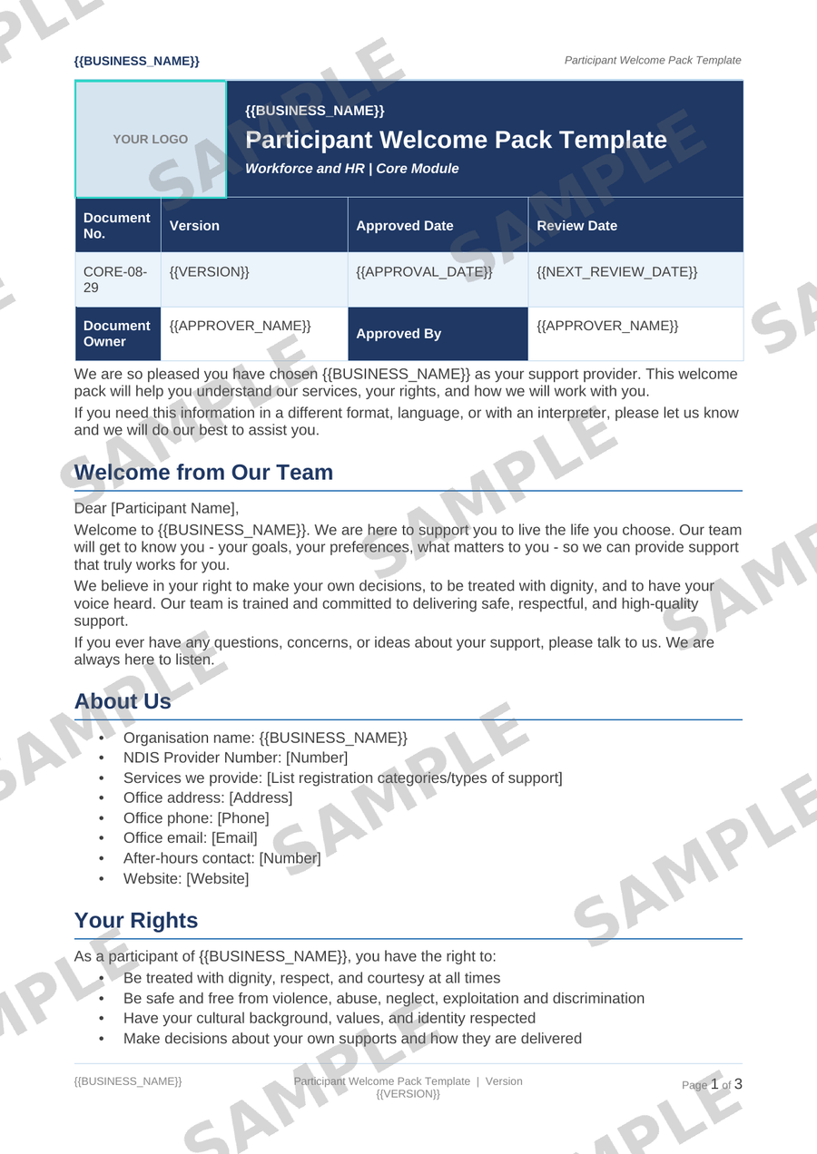 Participant Welcome Pack Template sample page preview