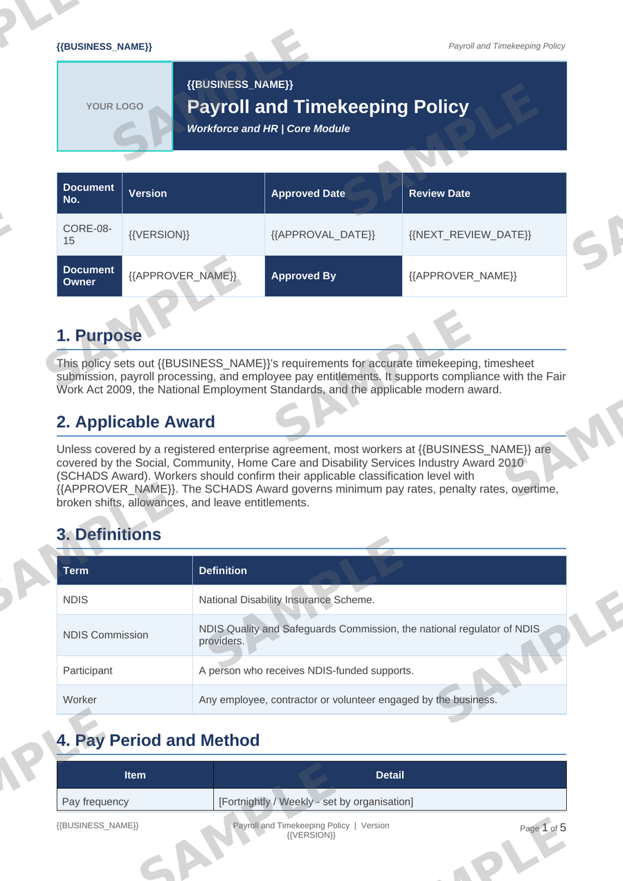 Payroll and Timekeeping Policy sample page preview