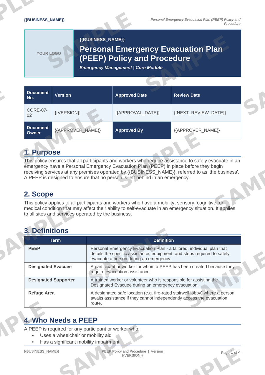 PEEP Policy and Procedure sample page preview