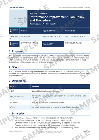 Performance Improvement Plan Policy and Procedure sample page preview