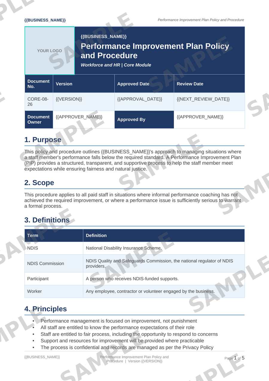 Performance Improvement Plan Policy and Procedure sample page preview