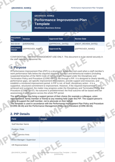 Performance Improvement Plan Template sample page preview