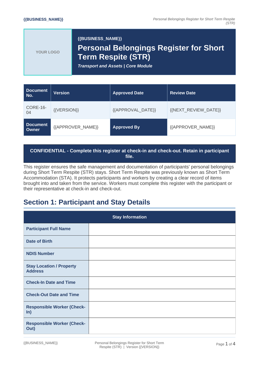 Personal Belongings Register for Short Term Respite (STR) sample page preview