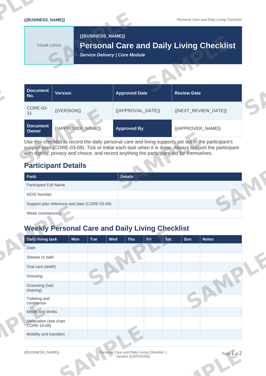Personal Care and Daily Living Checklist sample page preview