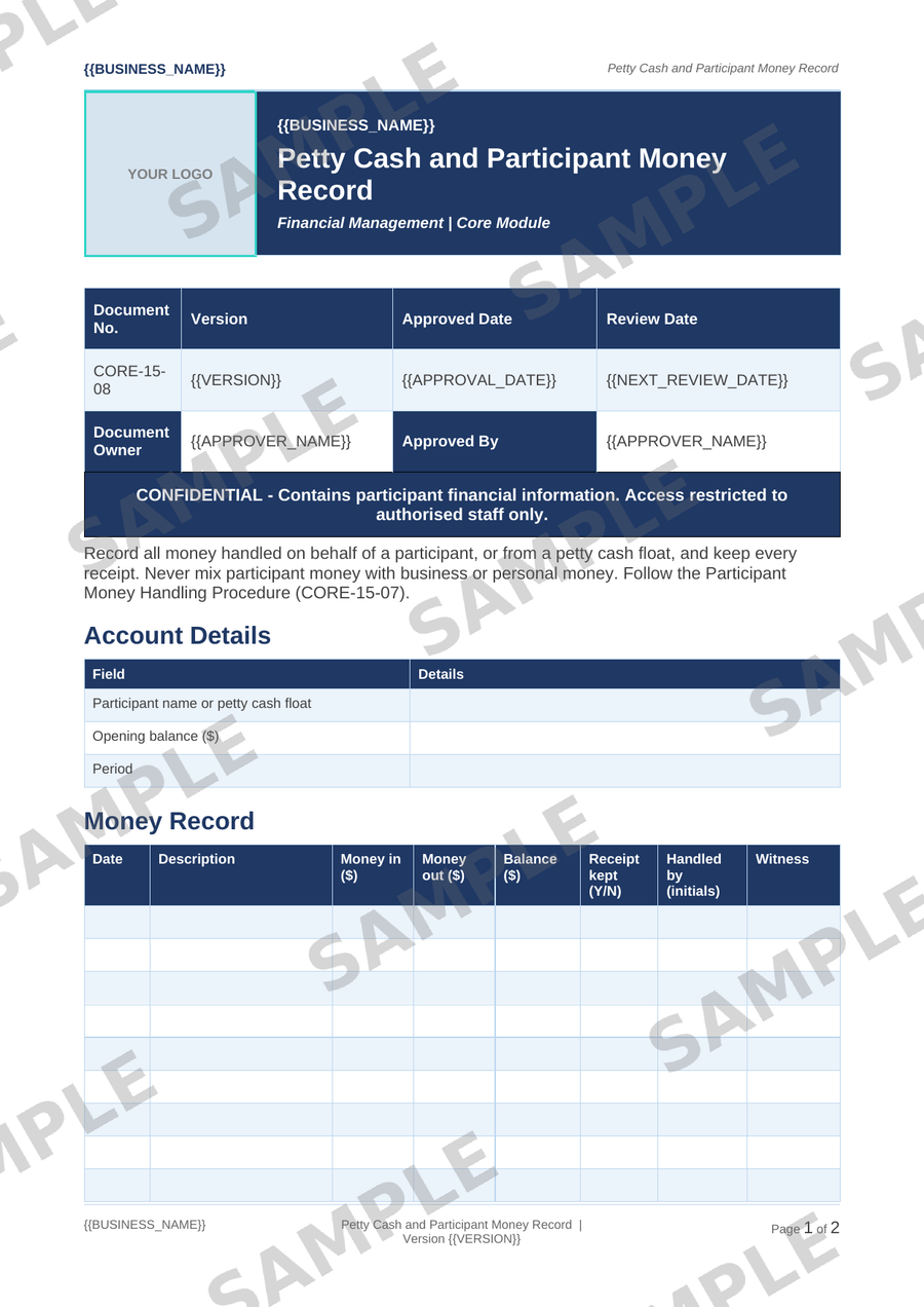Petty Cash and Participant Money Record sample page preview