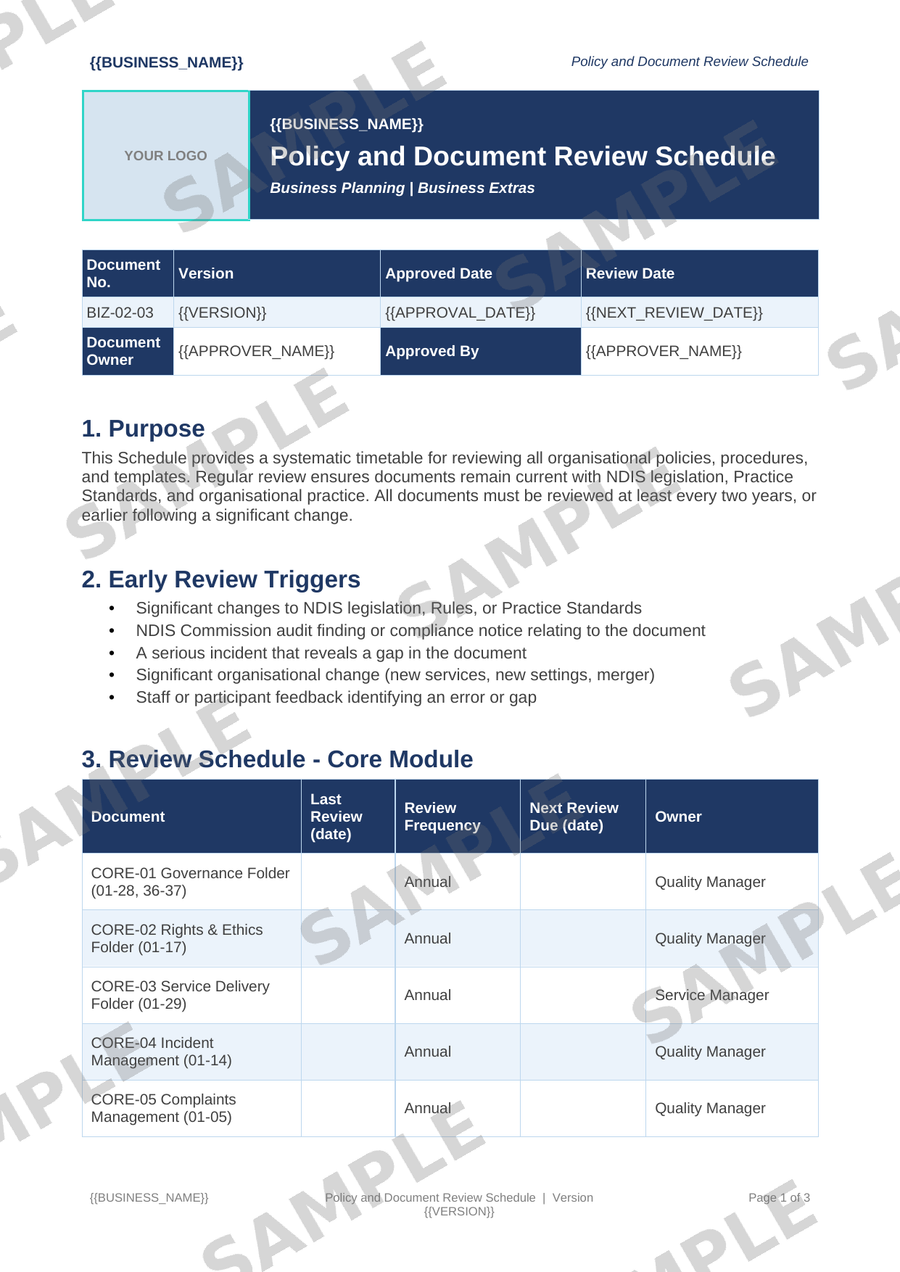 Policy and Document Review Schedule sample page preview