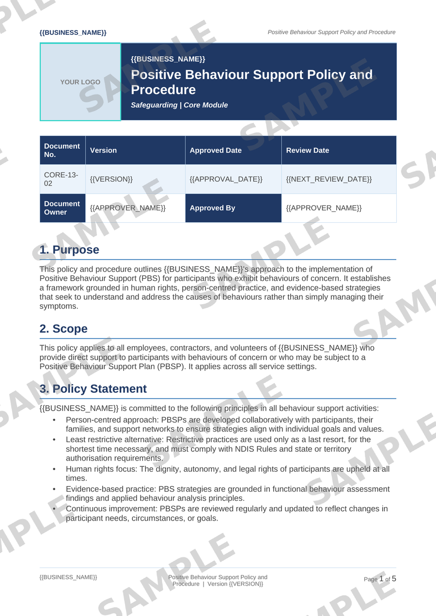 Positive Behaviour Support Policy and Procedure sample page preview