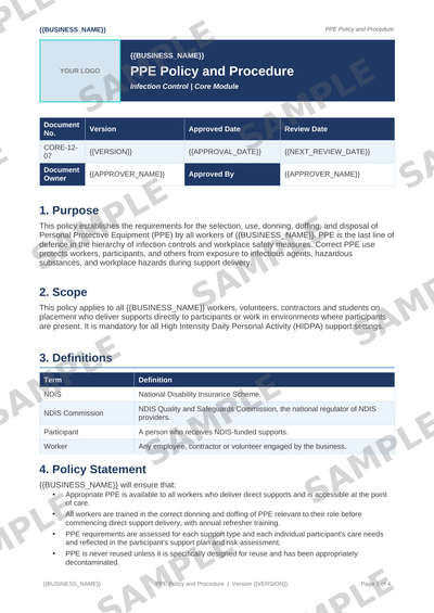 PPE Policy and Procedure sample page preview