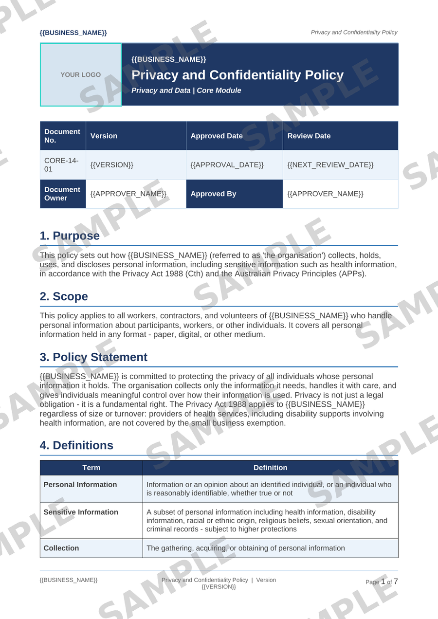 Privacy and Confidentiality Policy sample page preview