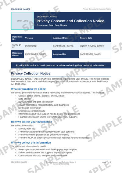 Privacy Consent and Collection Notice sample page preview