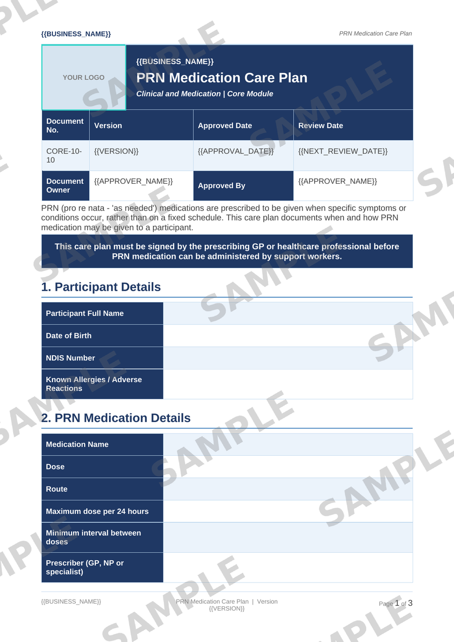 PRN Medication Care Plan sample page preview
