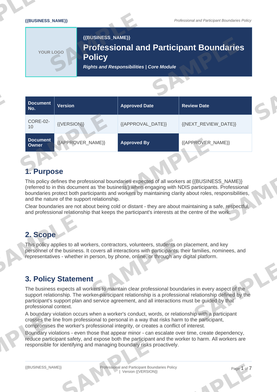 Professional and Participant Boundaries Policy sample page preview