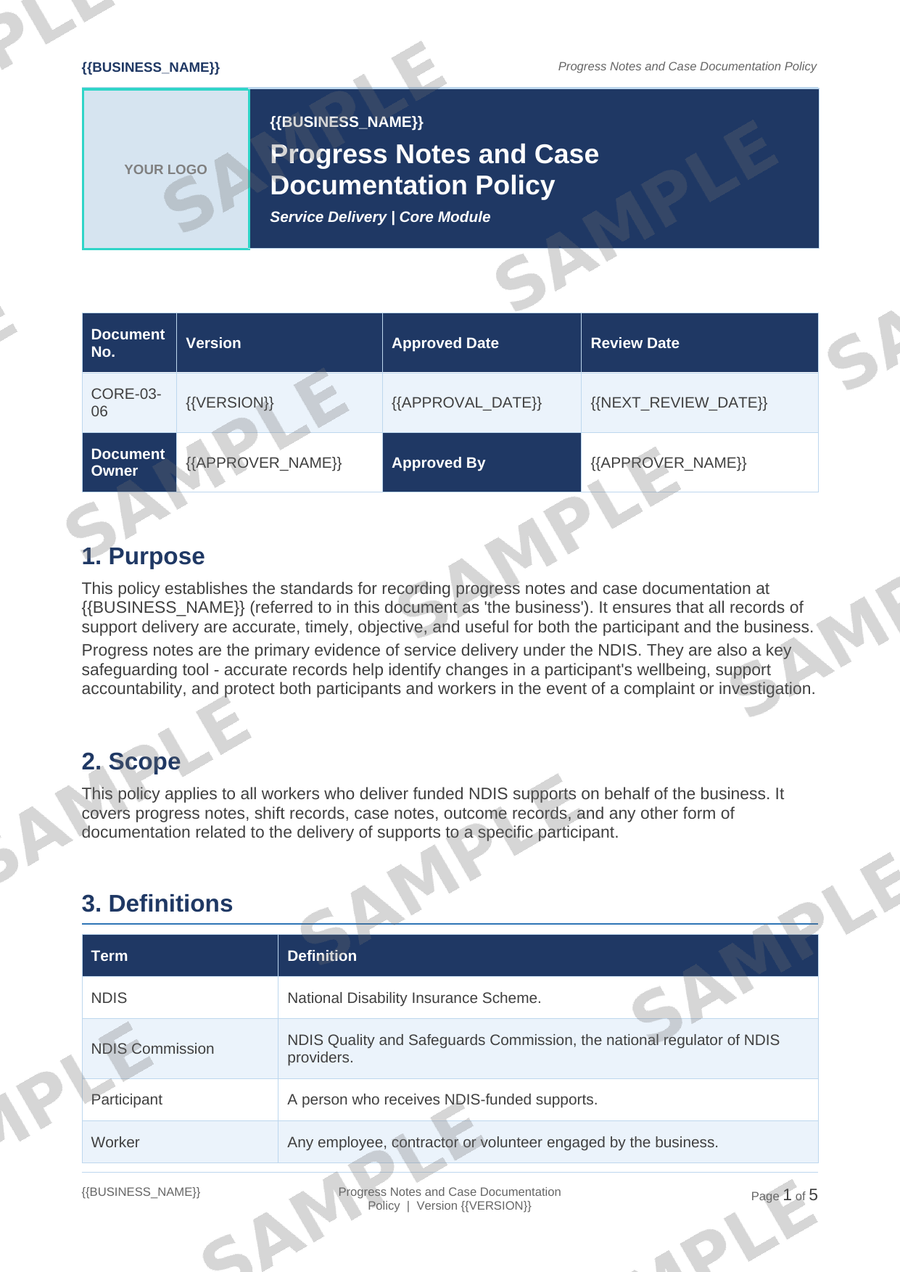 Progress Notes and Case Documentation Policy sample page preview