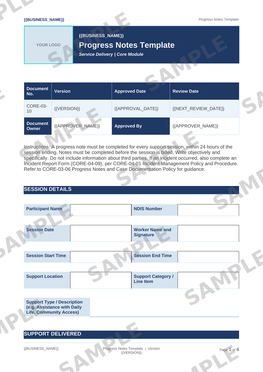 Progress Notes Template sample page preview