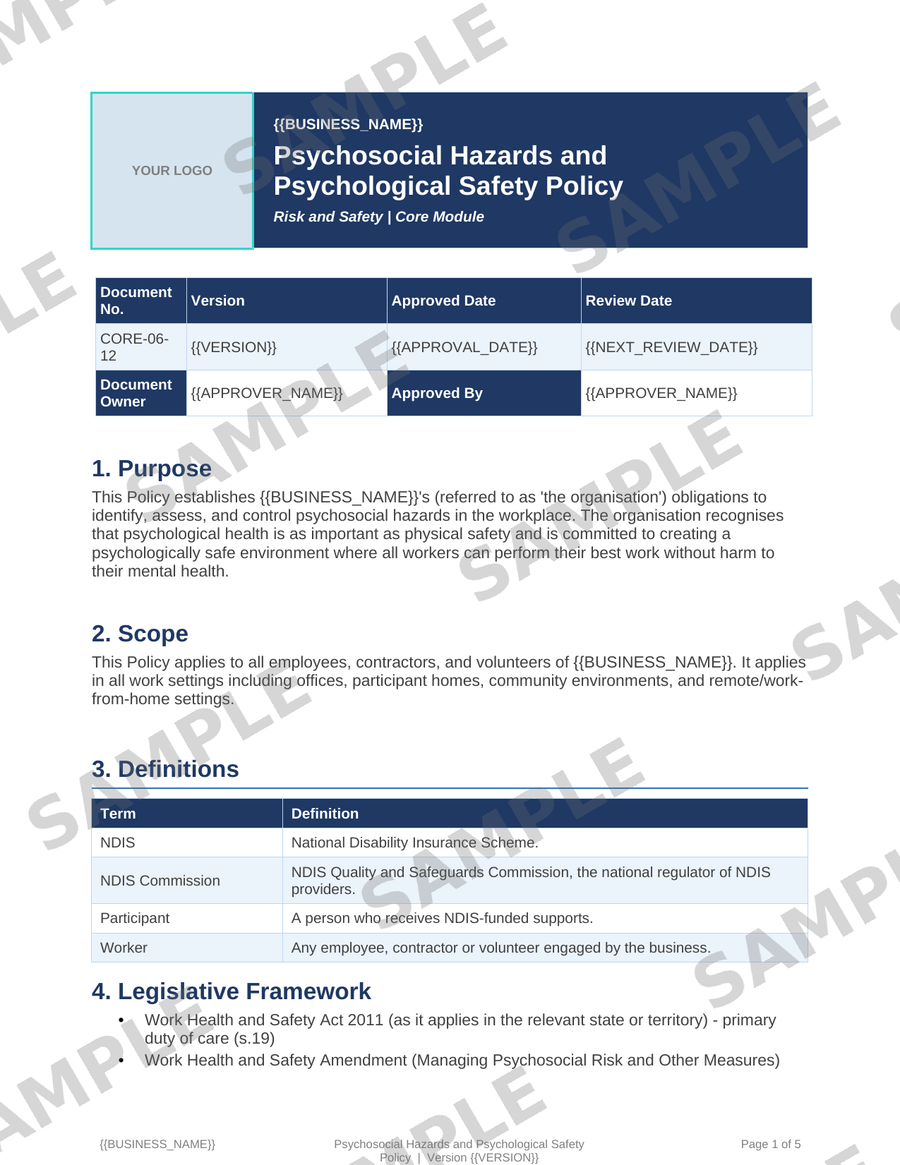 Psychosocial Hazards and Psychological Safety Policy sample page preview