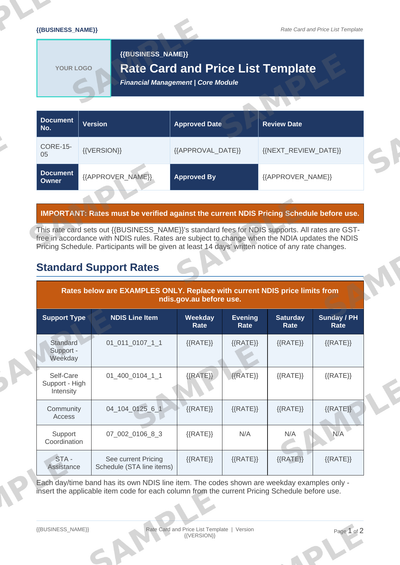 Rate Card and Price List Template sample page preview