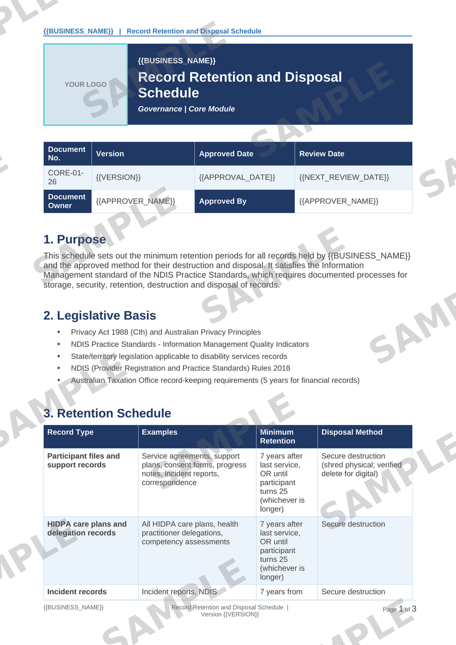 Record Retention and Disposal Schedule sample page preview