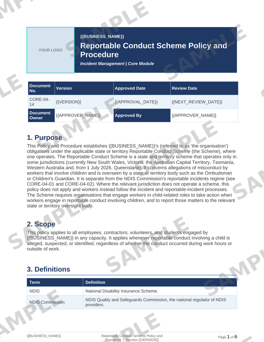 Reportable Conduct Scheme Policy and Procedure sample page preview