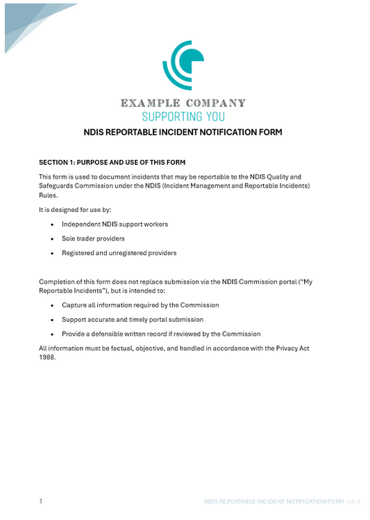 NDIS Reportable Incident Notification Form