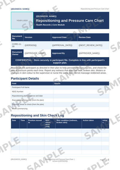 Repositioning and Pressure Care Chart sample page preview