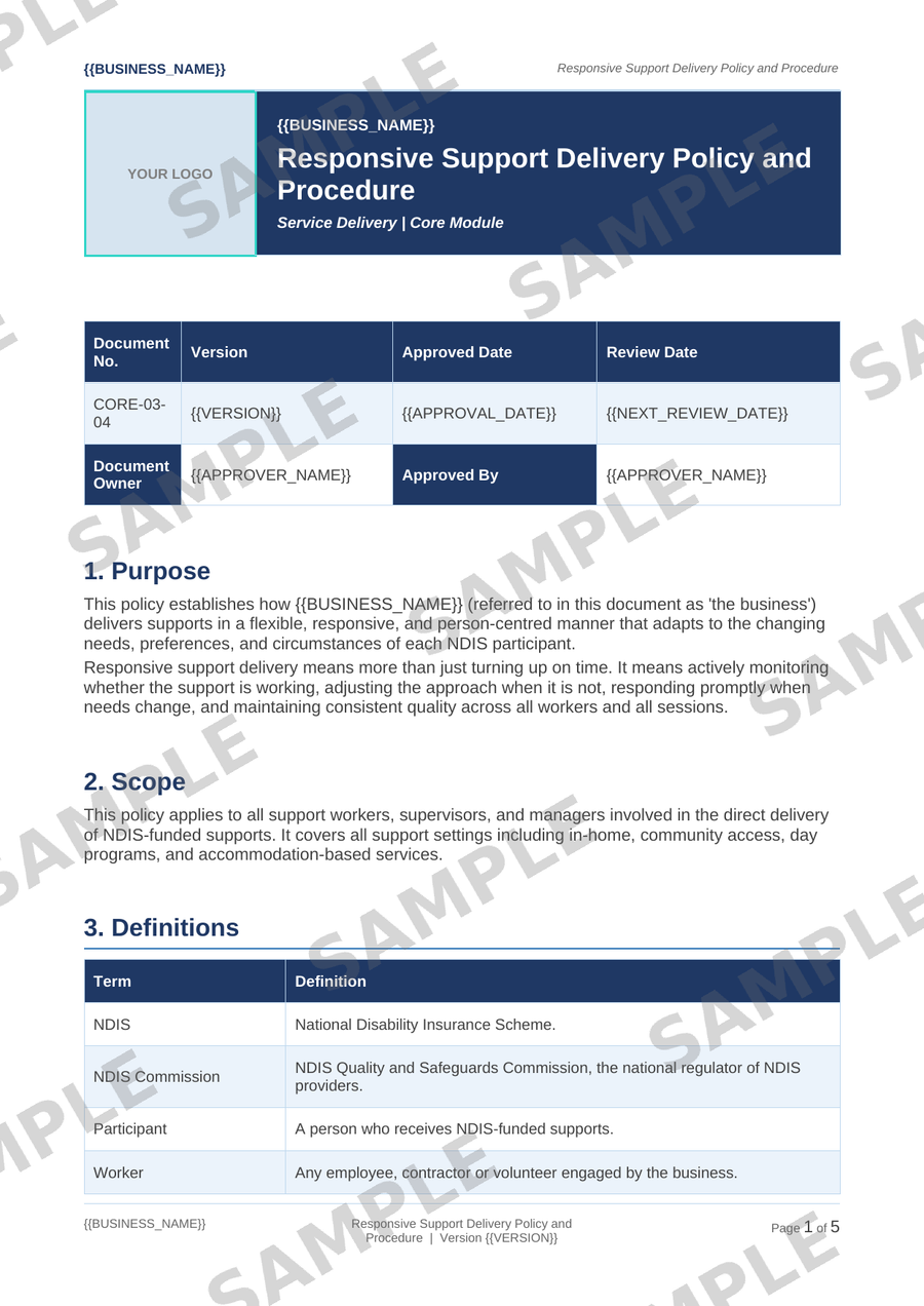 Responsive Support Delivery Policy and Procedure sample page preview