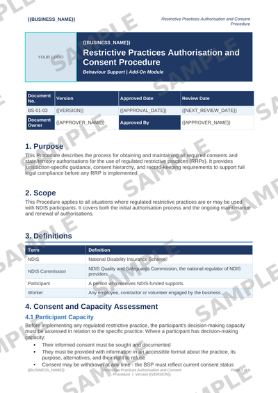 Restrictive Practices Authorisation and Consent Procedure sample page preview