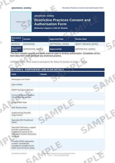 Restrictive Practices Consent and Authorisation Form sample page preview